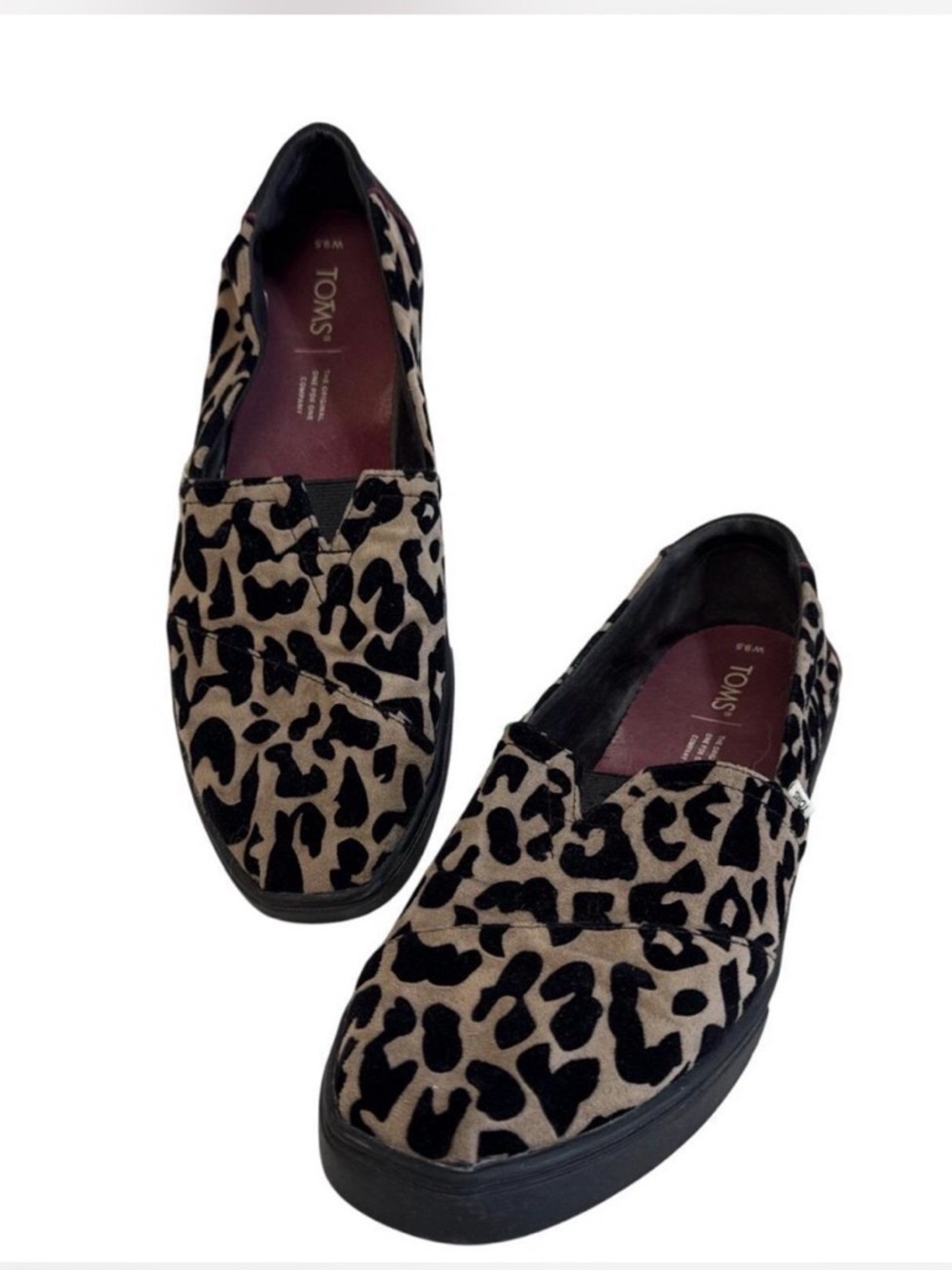 EUC Toms Flocked Leopard Print Slip-On Flats in Black & Tan